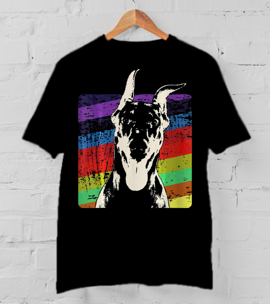 Classic Vintage Doberman Pinscher Rainbow Stripes Retro T-Shirt