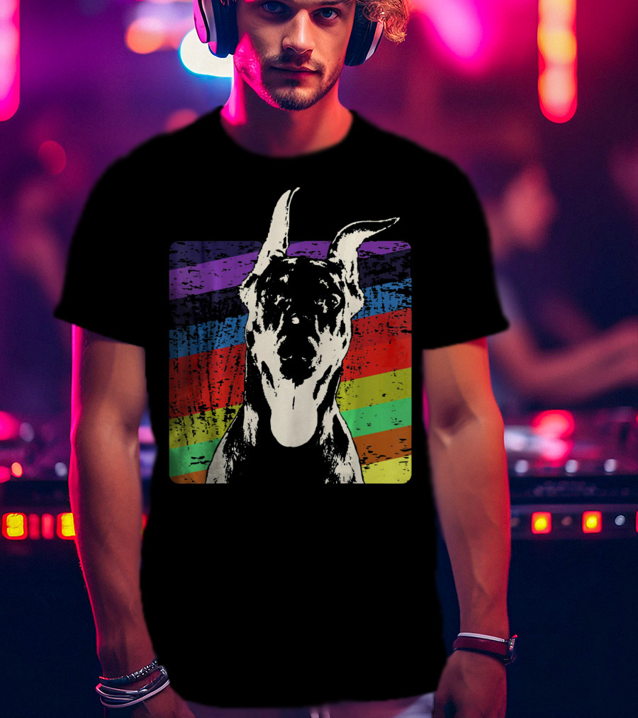 Classic Vintage Doberman Pinscher Rainbow Stripes Retro T-Shirt