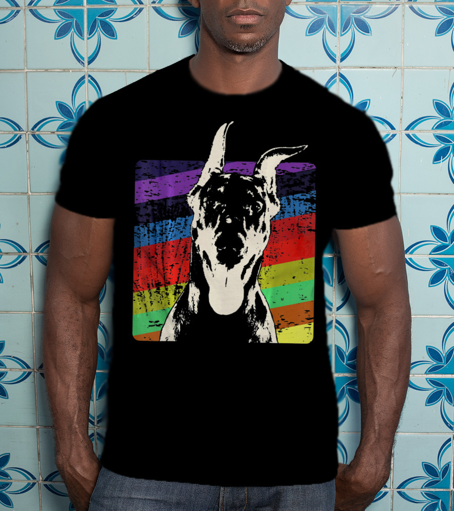 Classic Vintage Doberman Pinscher Rainbow Stripes Retro T-Shirt