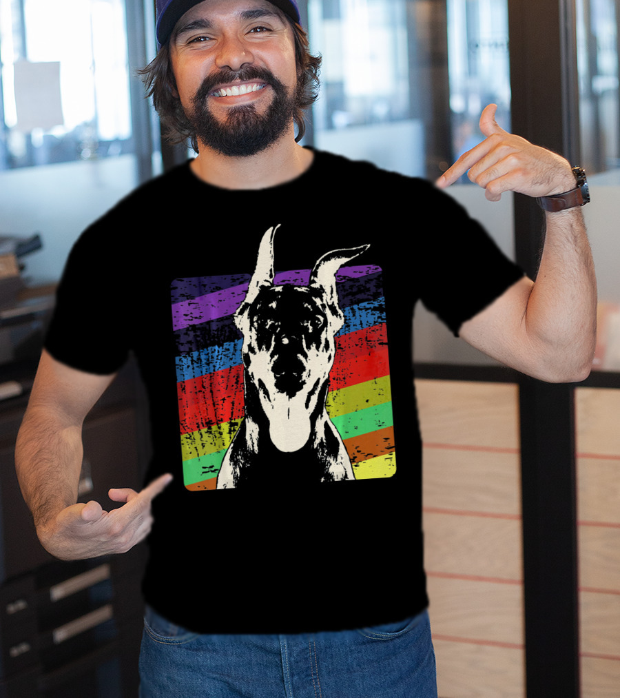 Classic Vintage Doberman Pinscher Rainbow Stripes Retro T-Shirt
