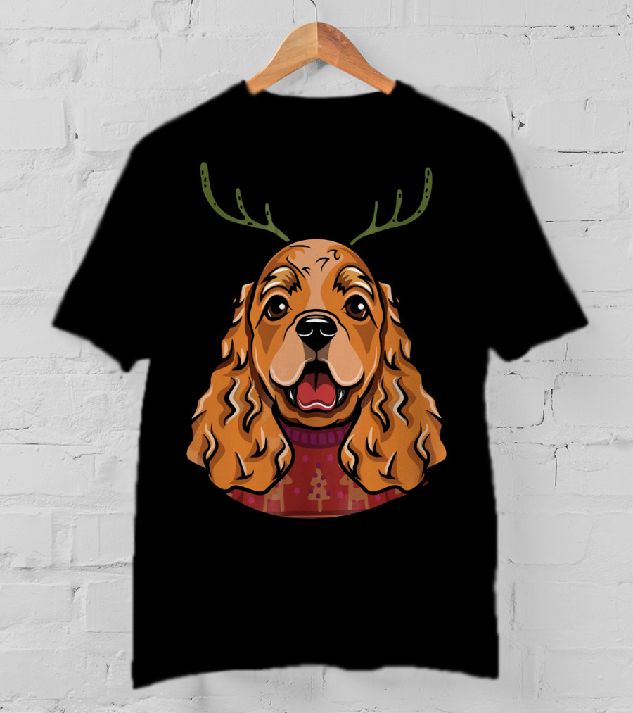 Cocker Spaniel Dog With Reindeer Antlers And Holiday T-Shirt