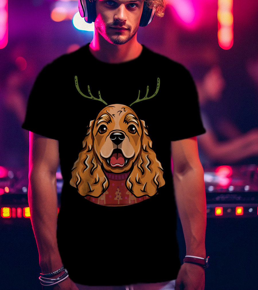 Cocker Spaniel Dog With Reindeer Antlers And Holiday T-Shirt