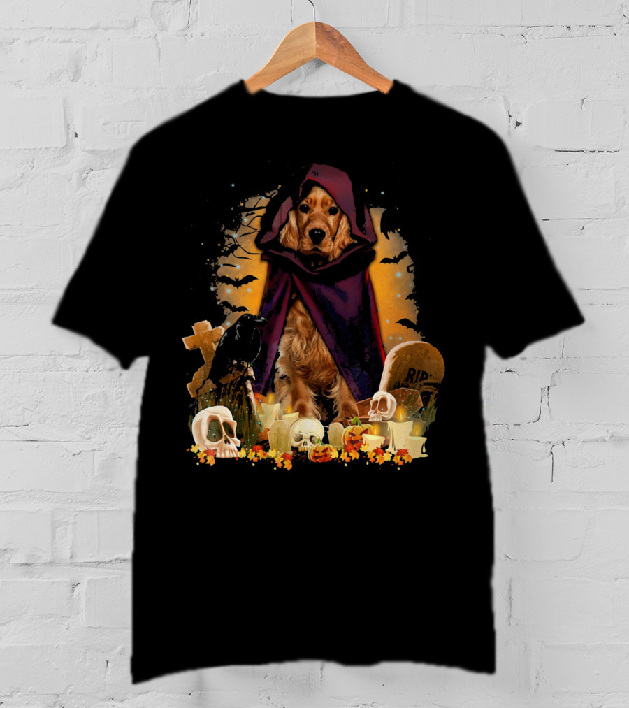 Cocker Spaniel Halloween Hooded Dog With Skulls And Tombstones T-Shirt