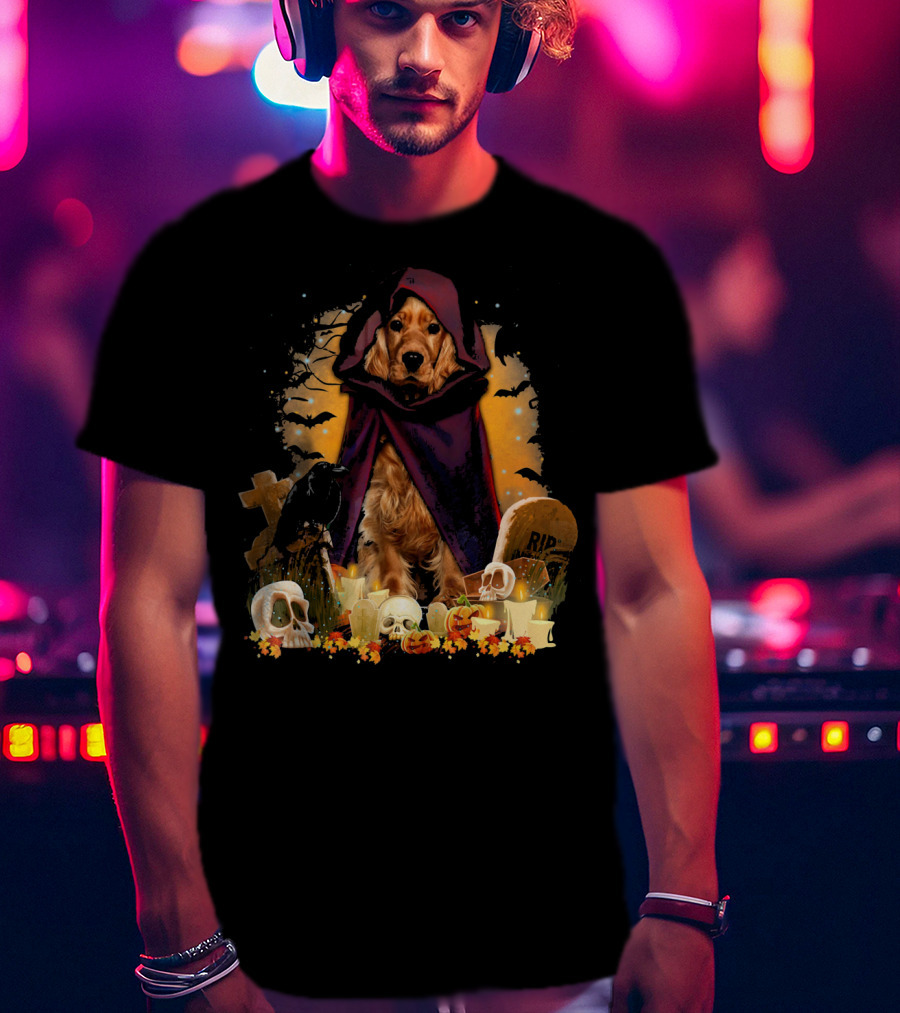 Cocker Spaniel Halloween Hooded Dog With Skulls And Tombstones T-Shirt