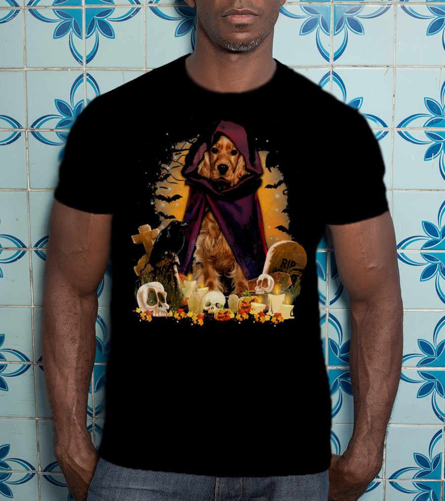 Cocker Spaniel Halloween Hooded Dog With Skulls And Tombstones T-Shirt