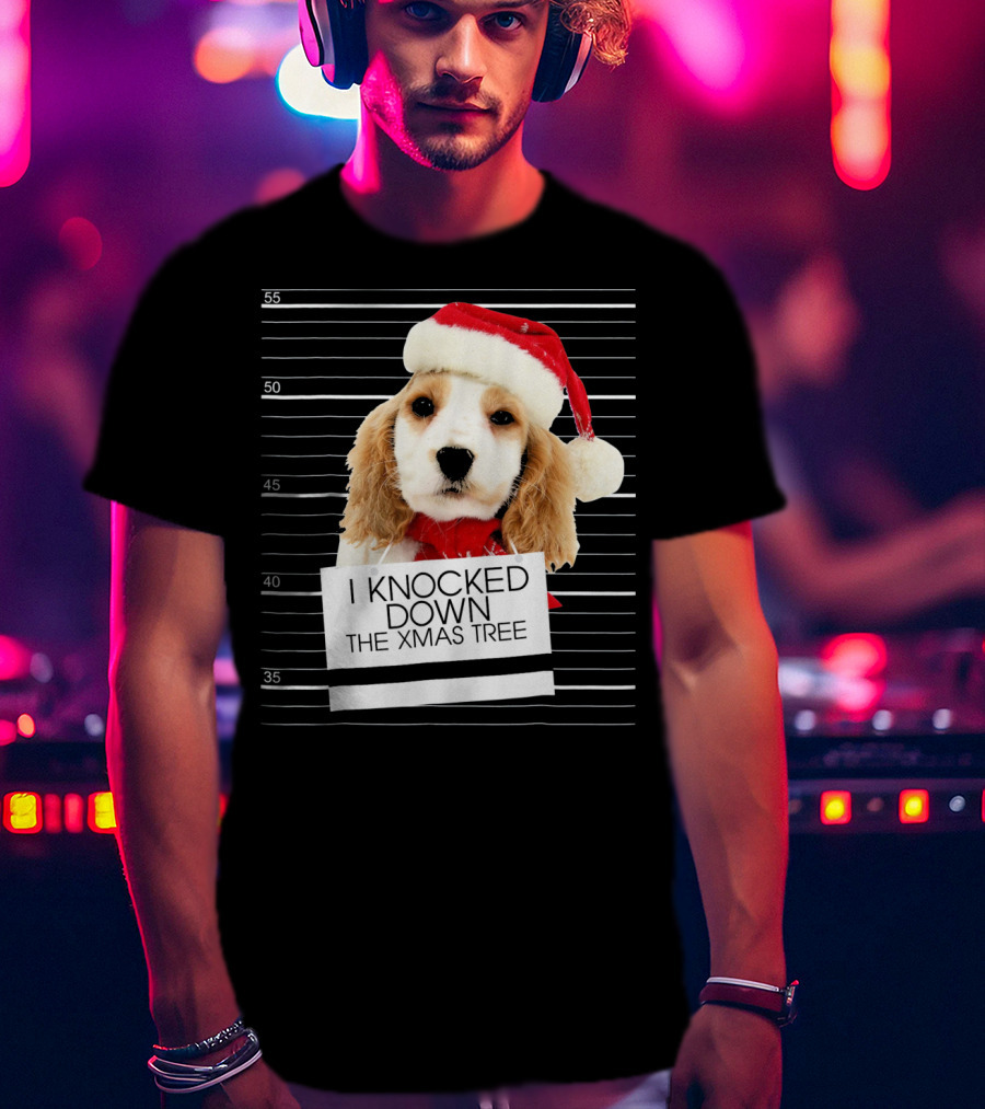 Cocker Spaniel Dog In Santa Hat Knocked Down The Xmas Tree T-Shirt