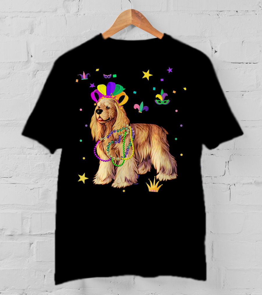 Cocker Spaniel Dog Mardi Gras Party Celebration Beads And Mask T-Shirt