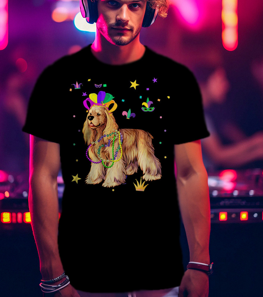 Cocker Spaniel Dog Mardi Gras Party Celebration Beads And Mask T-Shirt