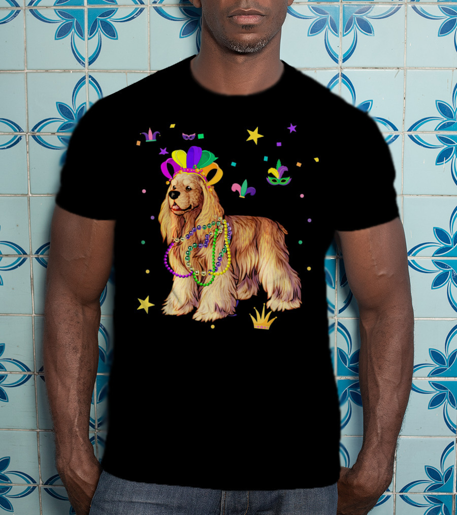 Cocker Spaniel Dog Mardi Gras Party Celebration Beads And Mask T-Shirt