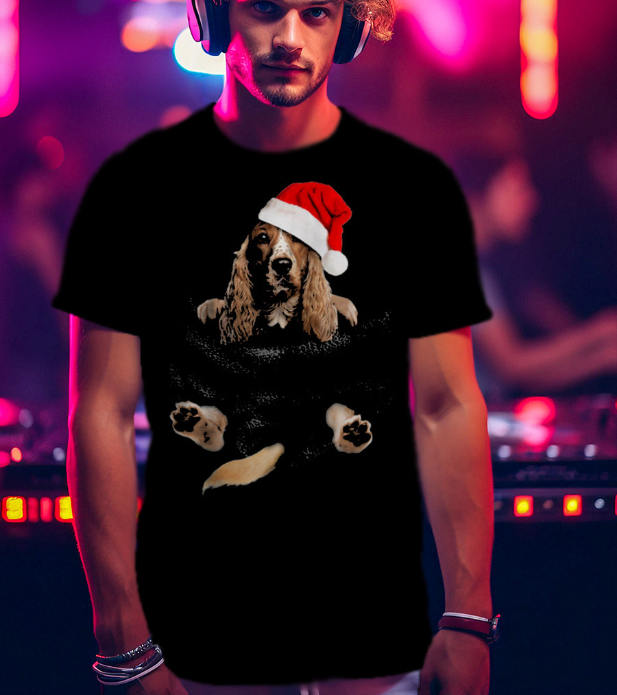 Cocker Spaniel Christmas Santa Hat In Pocket T-Shirt