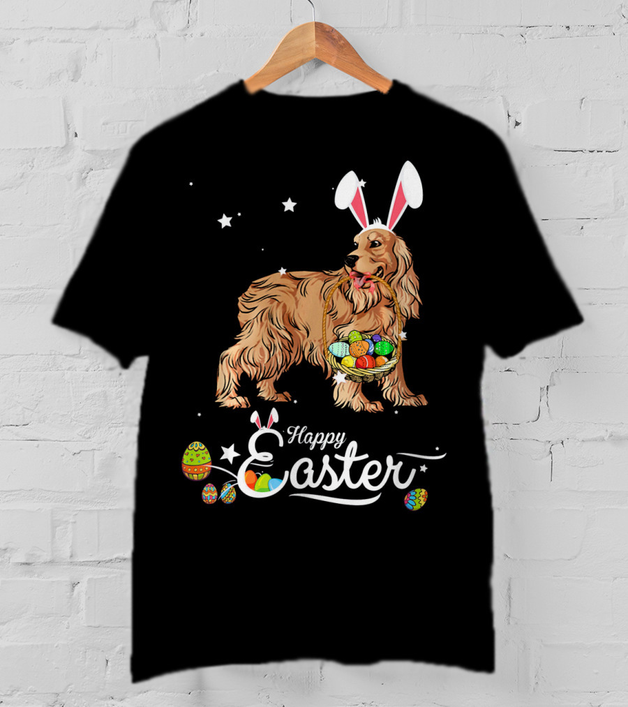 Cocker Spaniel With Bunny Hat Holding Easter Egg Basket Happy Easter T-Shirt