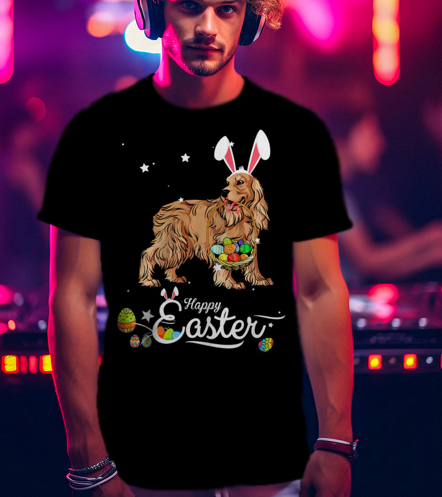 Cocker Spaniel With Bunny Hat Holding Easter Egg Basket Happy Easter T-Shirt