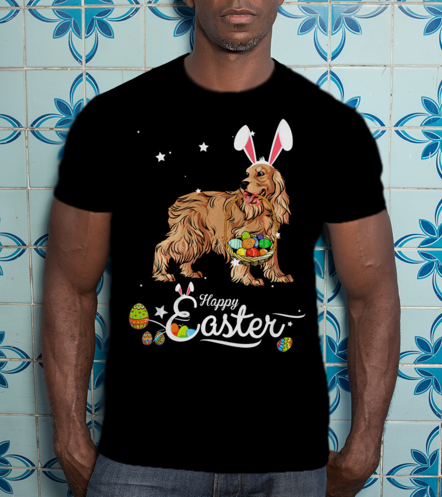 Cocker Spaniel With Bunny Hat Holding Easter Egg Basket Happy Easter T-Shirt
