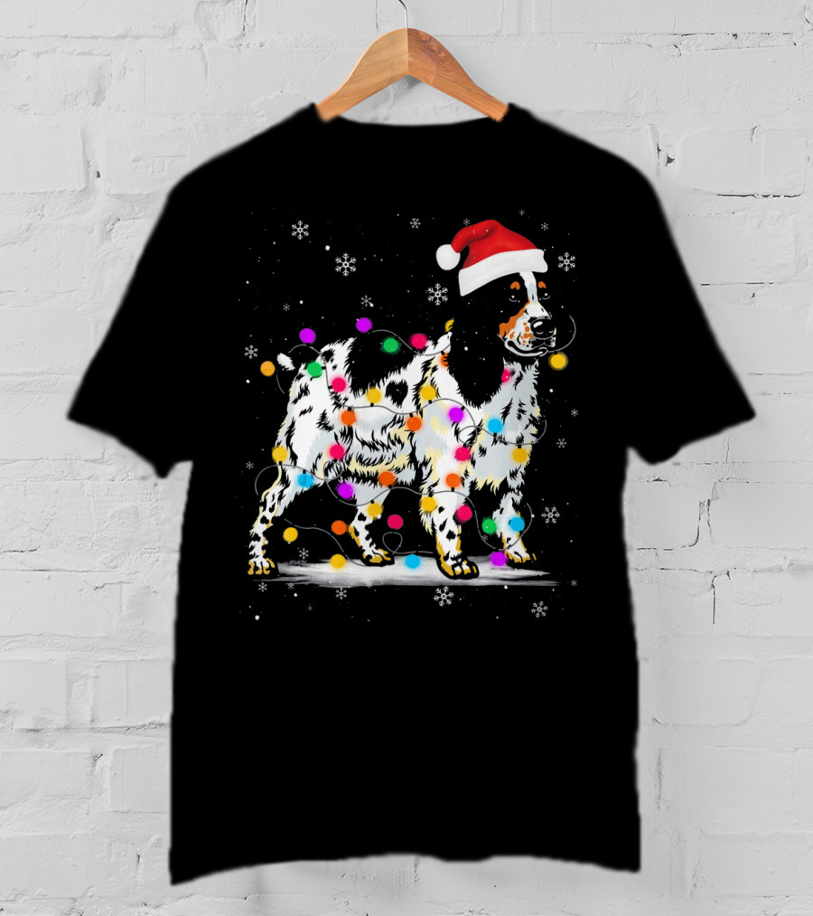 Cocker Spaniel Dog With Christmas Lights Santa Hat Snowflakes T-Shirt
