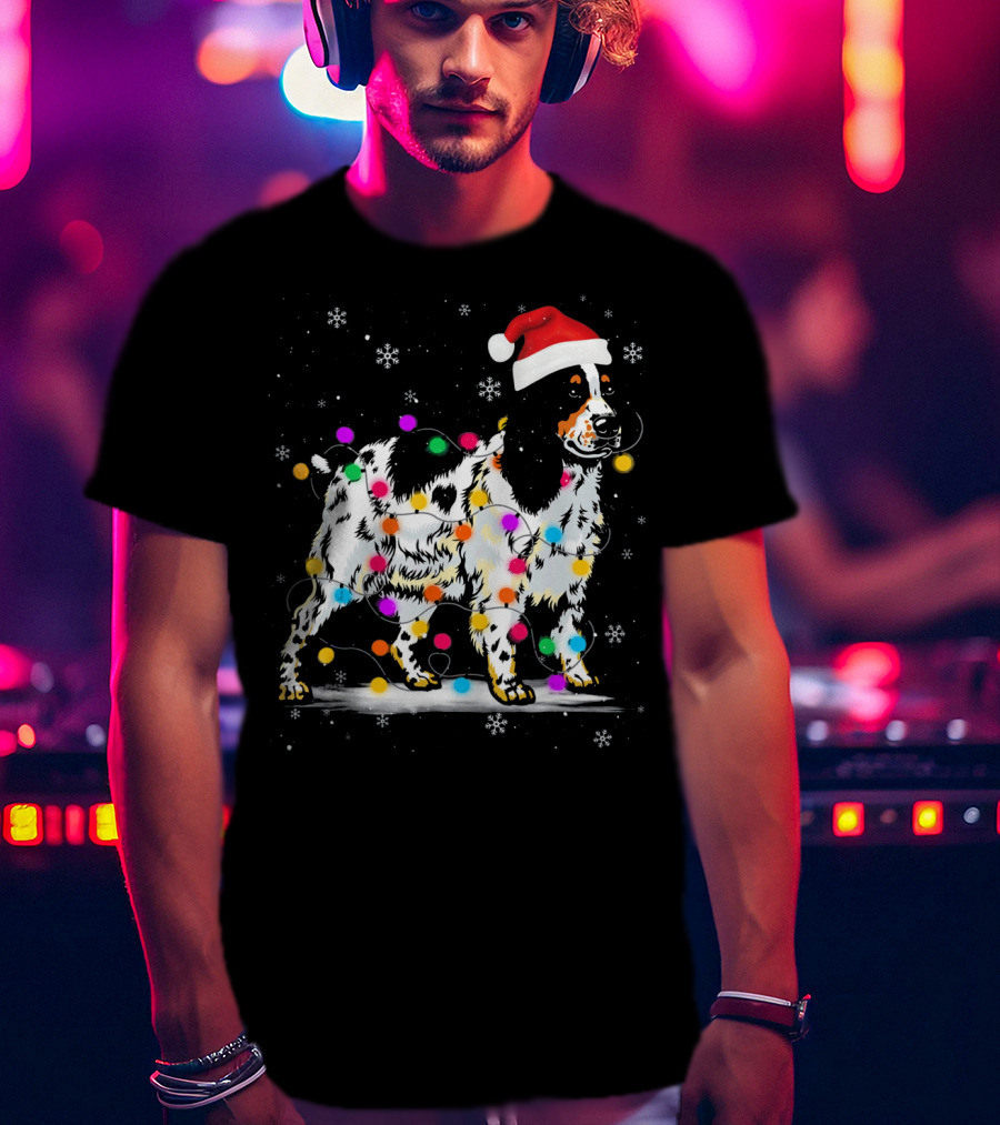 Cocker Spaniel Dog With Christmas Lights Santa Hat Snowflakes T-Shirt