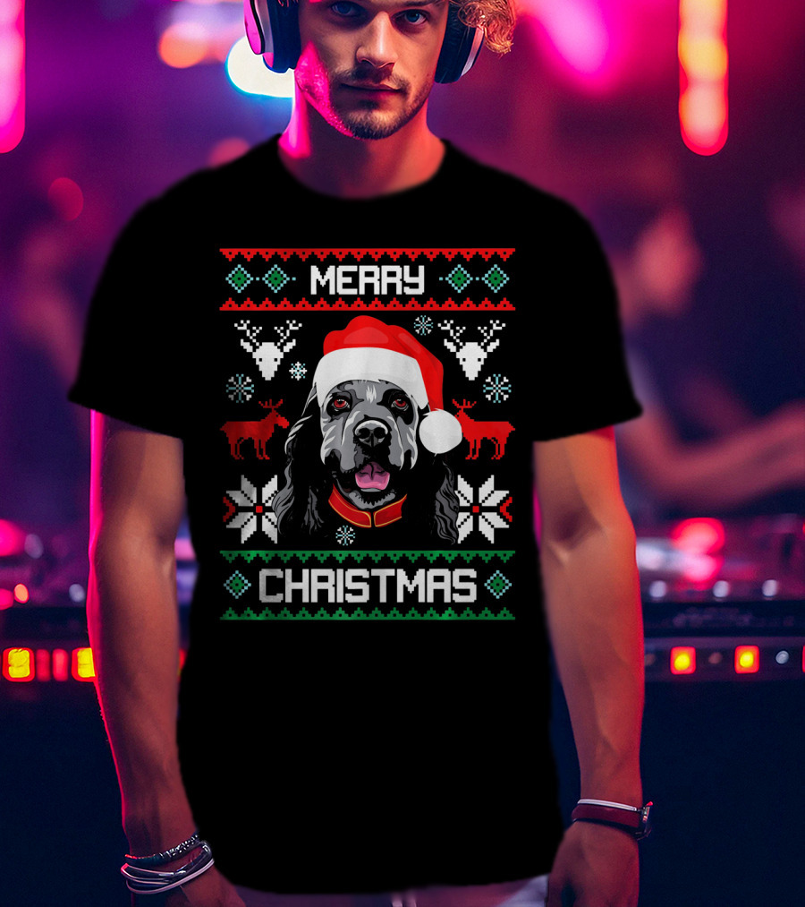 Merry Christmas Cocker Spaniel Dog Santa Hat Retro Holiday T-Shirt