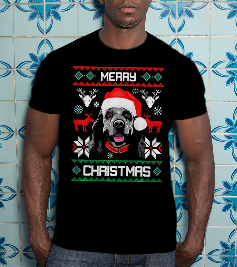 Merry Christmas Cocker Spaniel Dog Santa Hat Retro Holiday T-Shirt
