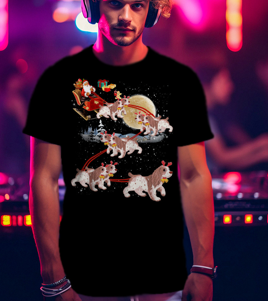 Cocker Spaniel Reindeer Christmas Santa Sleigh Moon T-Shirt