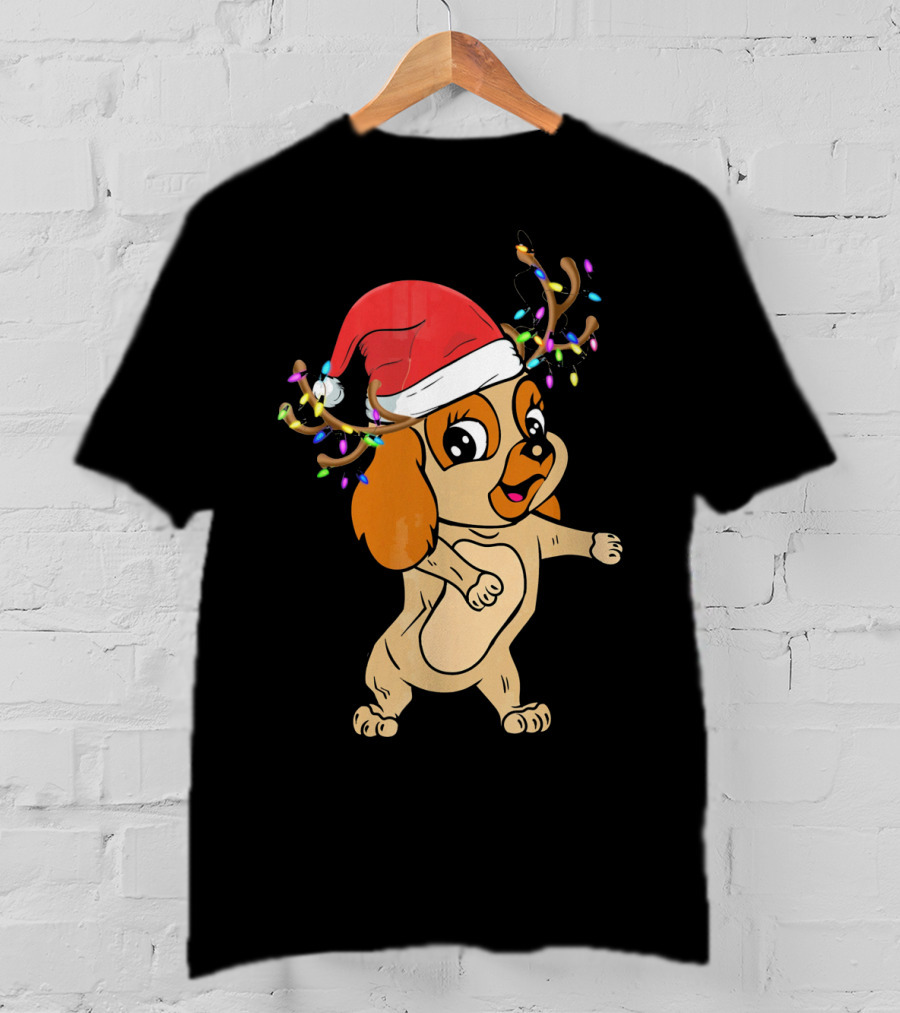 Cocker Spaniel Reindeer Christmas Funny Dog With Santa Hat And Festive Antlers T-Shirt