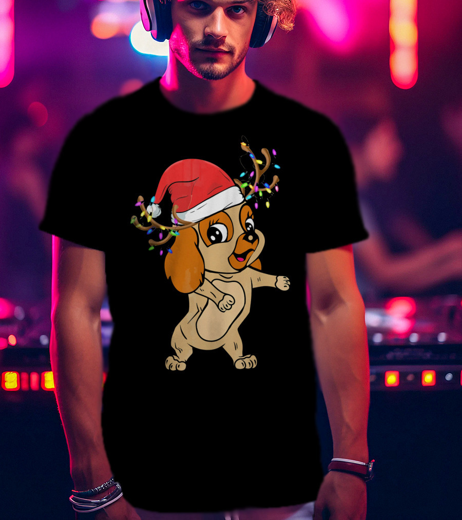 Cocker Spaniel Reindeer Christmas Funny Dog With Santa Hat And Festive Antlers T-Shirt
