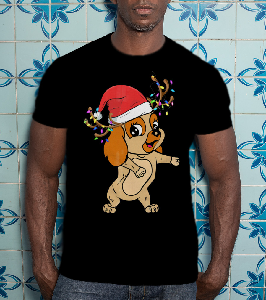 Cocker Spaniel Reindeer Christmas Funny Dog With Santa Hat And Festive Antlers T-Shirt