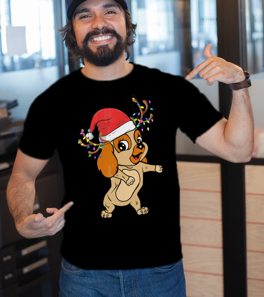 Cocker Spaniel Reindeer Christmas Funny Dog With Santa Hat And Festive Antlers T-Shirt
