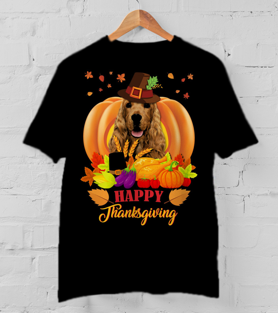 Happy Thanksgiving Cocker Spaniel With Pumpkins And Autumn Harvest T-Shirt