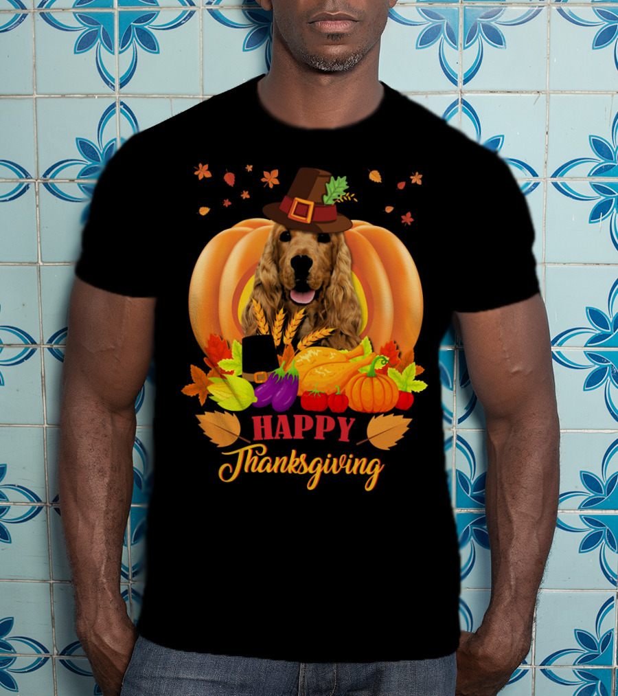 Happy Thanksgiving Cocker Spaniel With Pumpkins And Autumn Harvest T-Shirt
