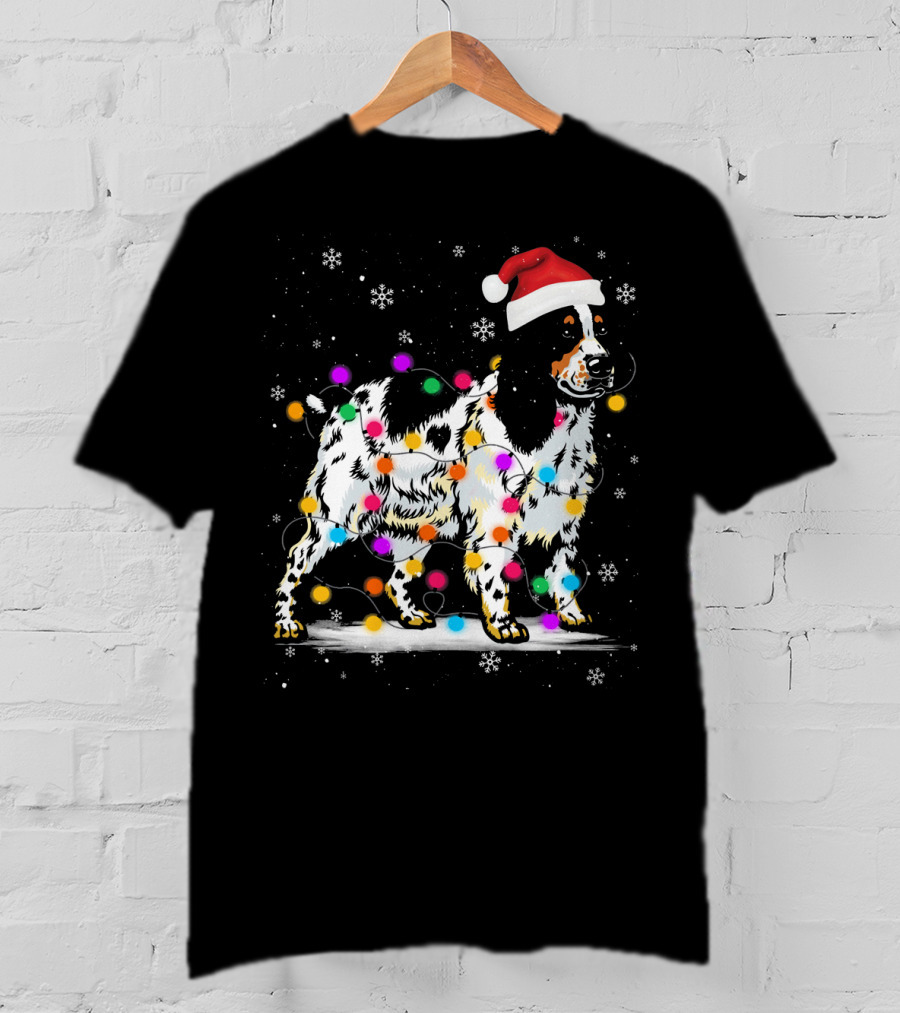 Cocker Spaniel Santa Hat Christmas Lights Snowflakes T-Shirt