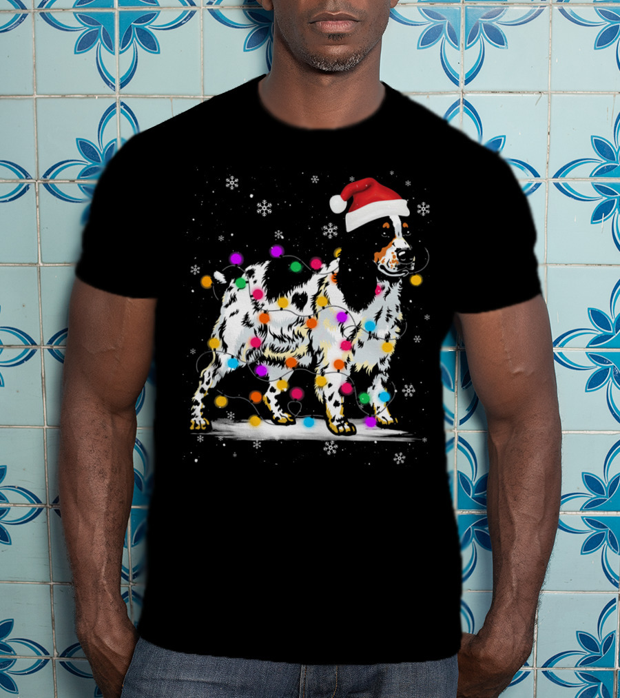 Cocker Spaniel Santa Hat Christmas Lights Snowflakes T-Shirt