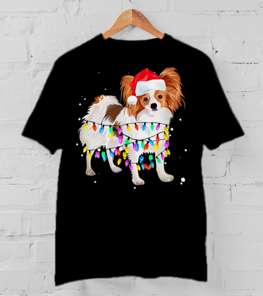 Papillon Dog Wrapped In Christmas Lights Wearing Santa Hat T-Shirt