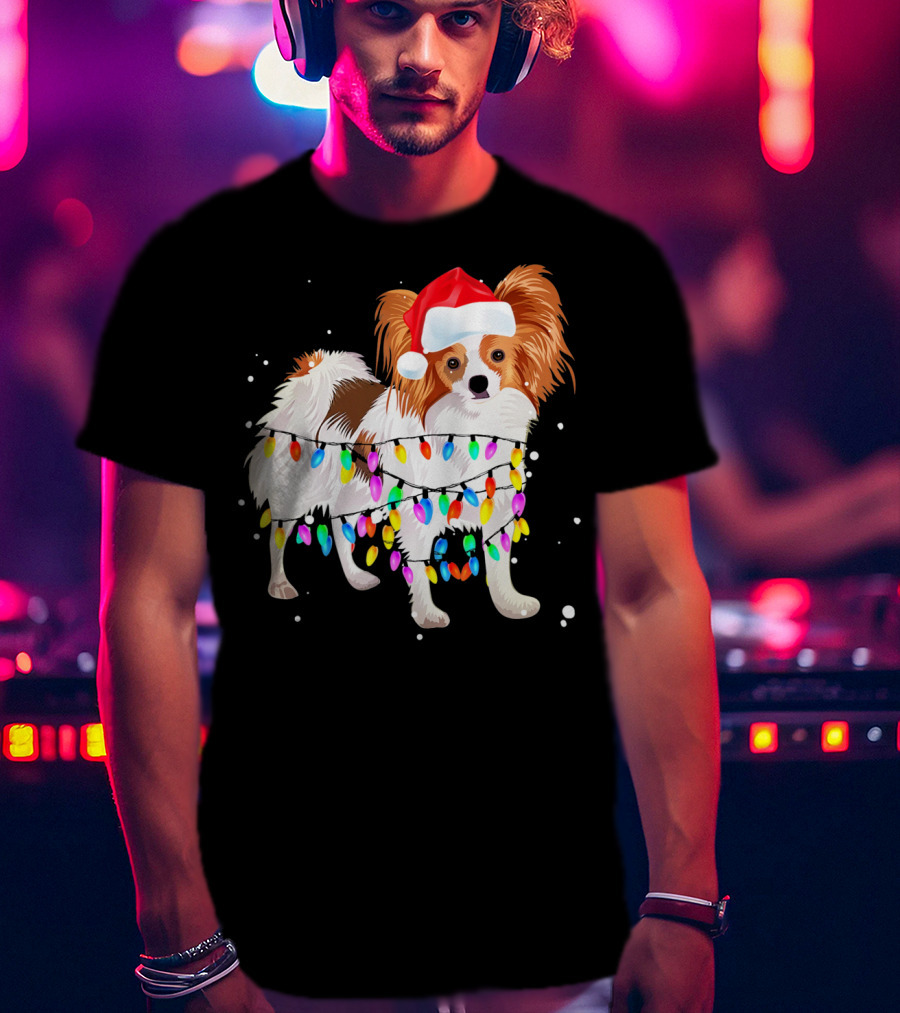 Papillon Dog Wrapped In Christmas Lights Wearing Santa Hat T-Shirt
