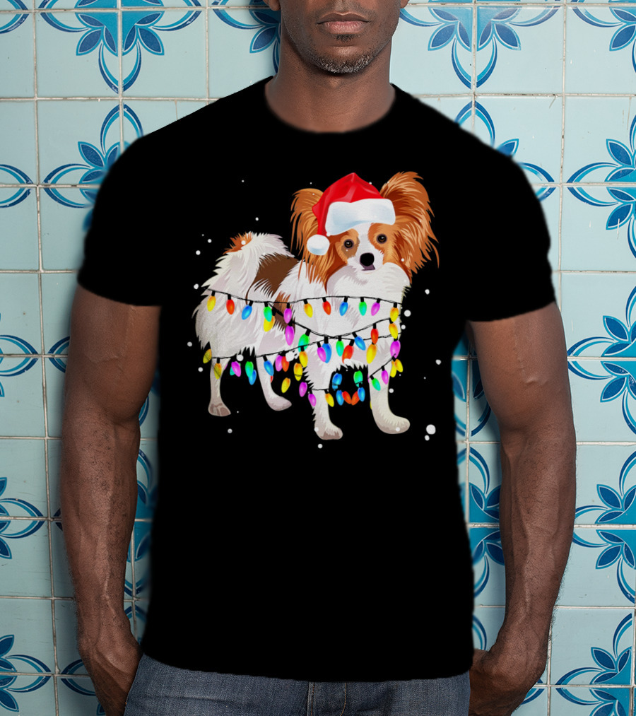 Papillon Dog Wrapped In Christmas Lights Wearing Santa Hat T-Shirt