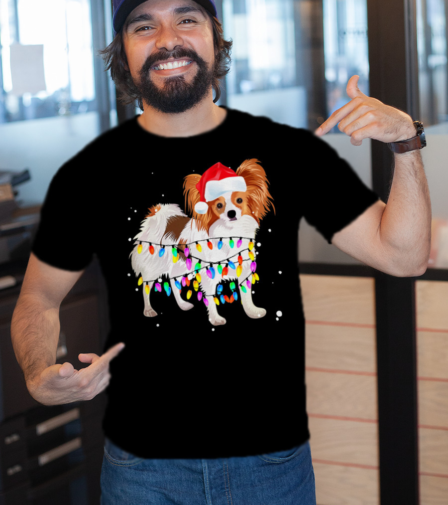 Papillon Dog Wrapped In Christmas Lights Wearing Santa Hat T-Shirt