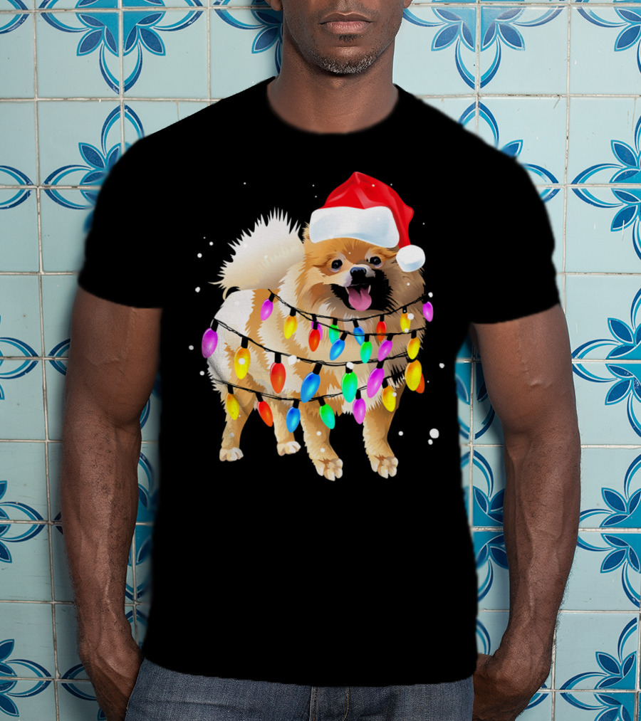 Pomeranian With Santa Hat And Colorful Christmas Lights T-Shirt