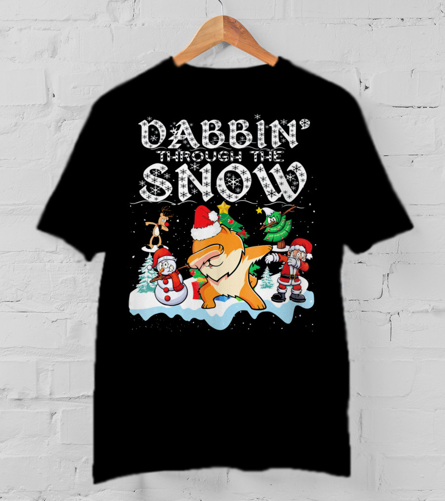 Dabbin Through The Snow Pomeranian Dog With Santa Snowman And Reindeer T-Shirt