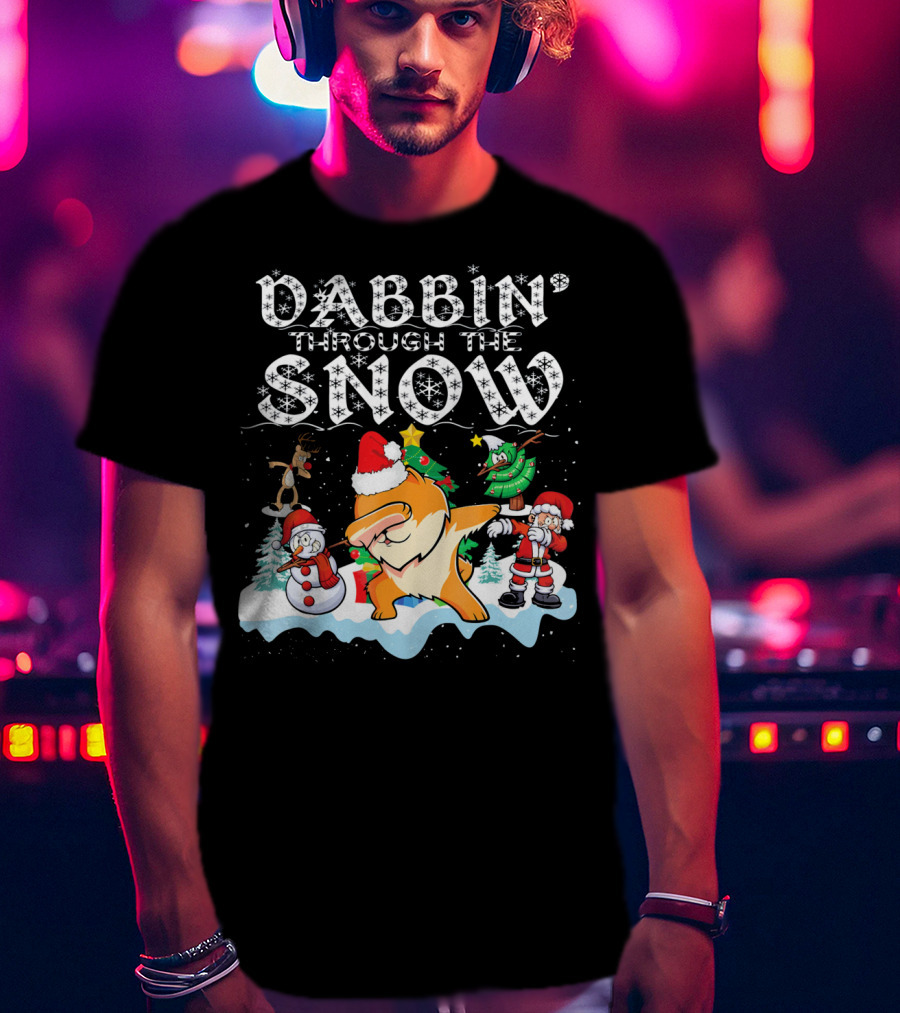 Dabbin Through The Snow Pomeranian Dog With Santa Snowman And Reindeer T-Shirt