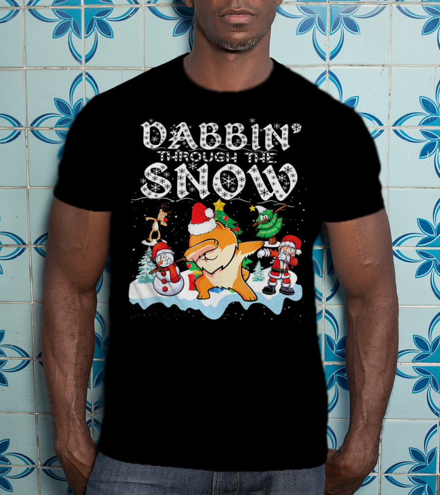 Dabbin Through The Snow Pomeranian Dog With Santa Snowman And Reindeer T-Shirt