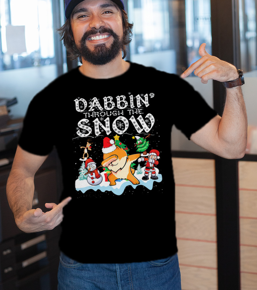 Dabbin Through The Snow Pomeranian Dog With Santa Snowman And Reindeer T-Shirt