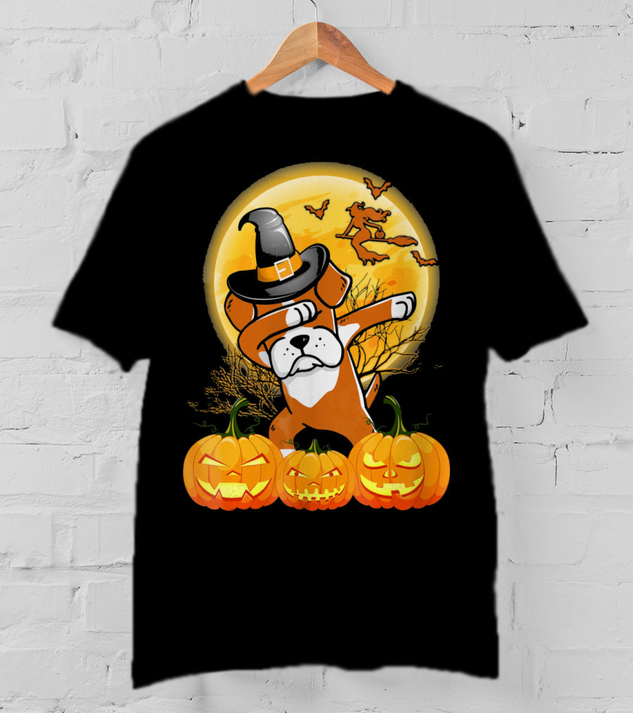 Halloween Dabbing Boxer Dog Witch Hat Pumpkins Bats Moon T-Shirt