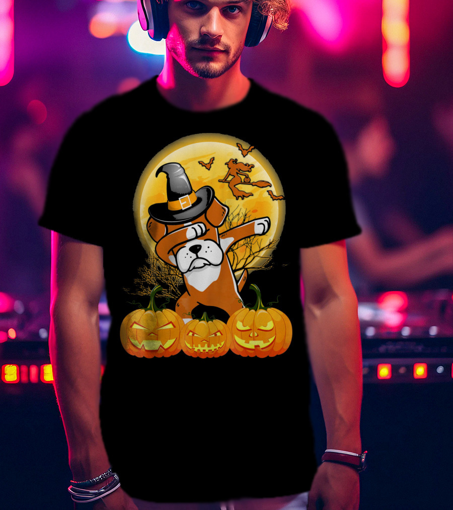 Halloween Dabbing Boxer Dog Witch Hat Pumpkins Bats Moon T-Shirt