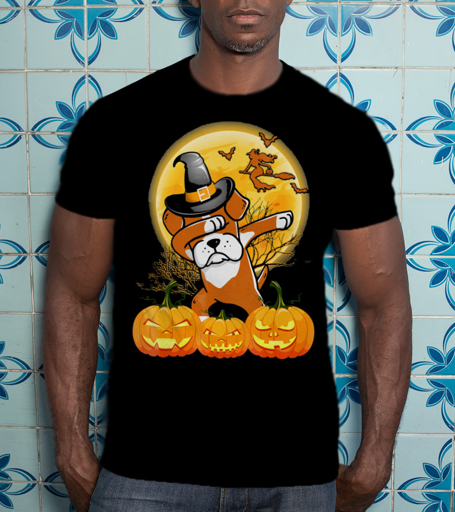 Halloween Dabbing Boxer Dog Witch Hat Pumpkins Bats Moon T-Shirt