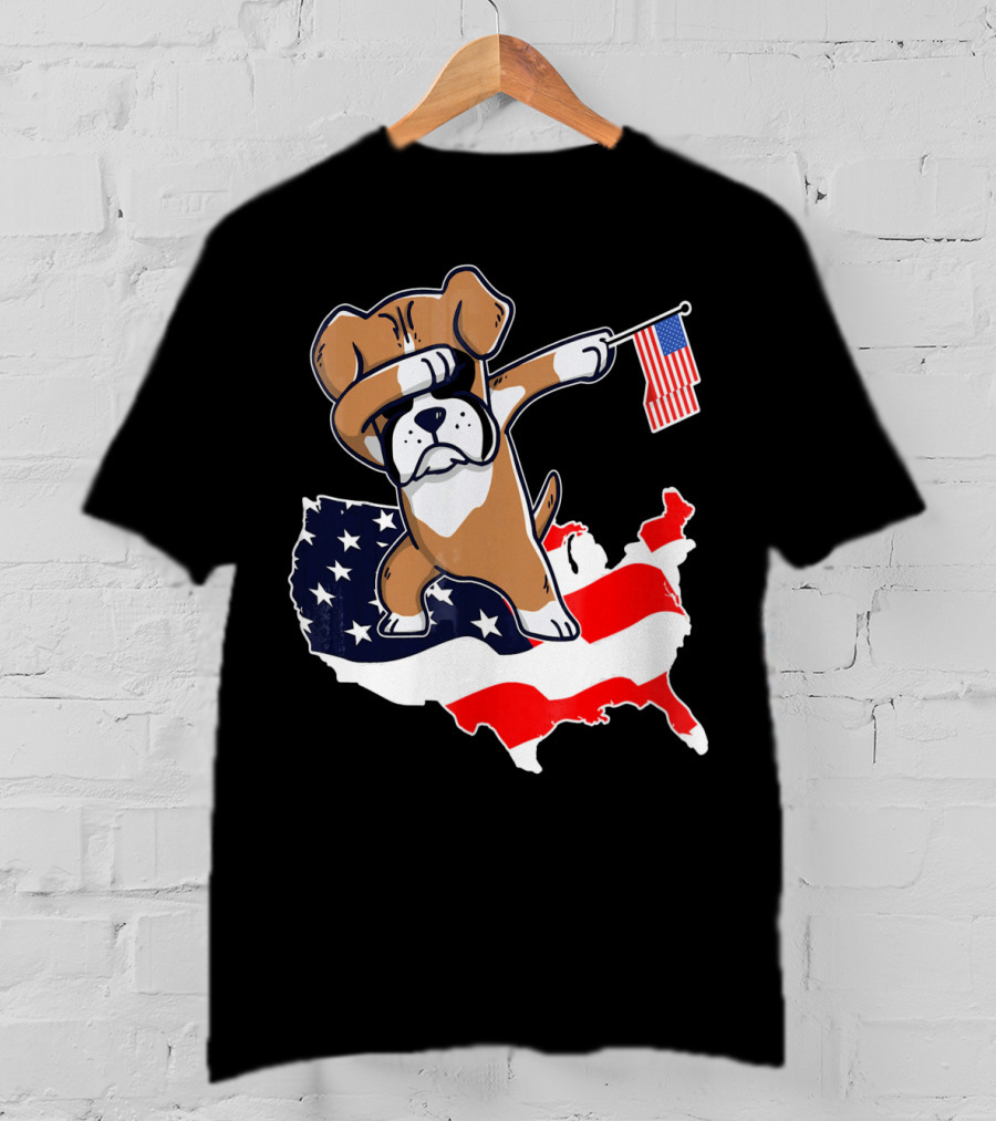 Dabbing Boxer Dog With American Flag Map Background T-Shirt