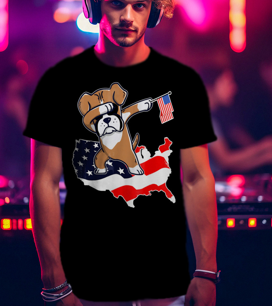 Dabbing Boxer Dog With American Flag Map Background T-Shirt