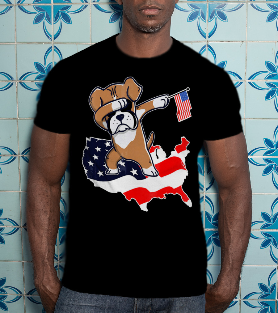 Dabbing Boxer Dog With American Flag Map Background T-Shirt