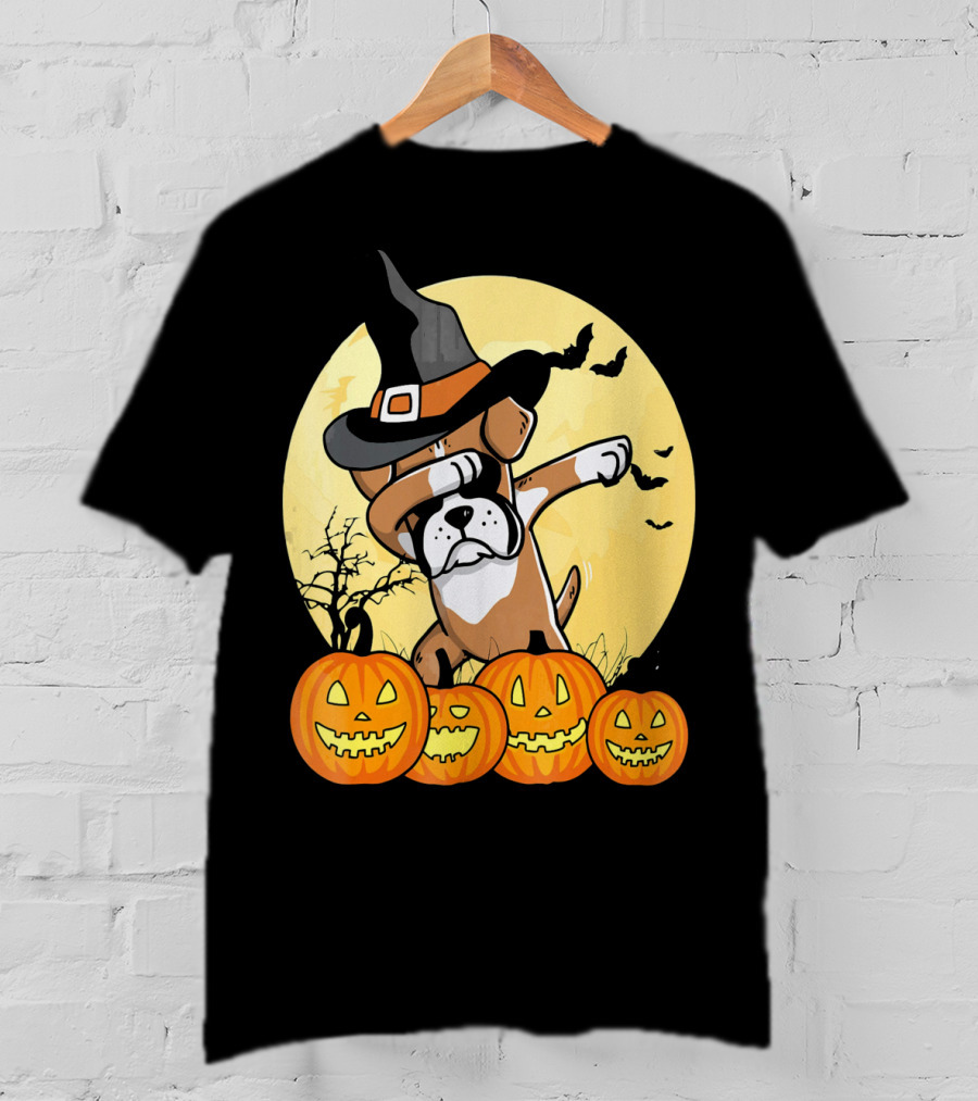 Dabbing Boxer Dog Witch Hat Pumpkin Halloween Dab Dance T-Shirt