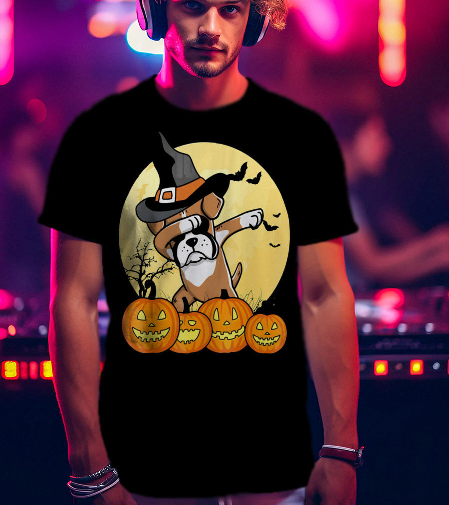 Dabbing Boxer Dog Witch Hat Pumpkin Halloween Dab Dance T-Shirt