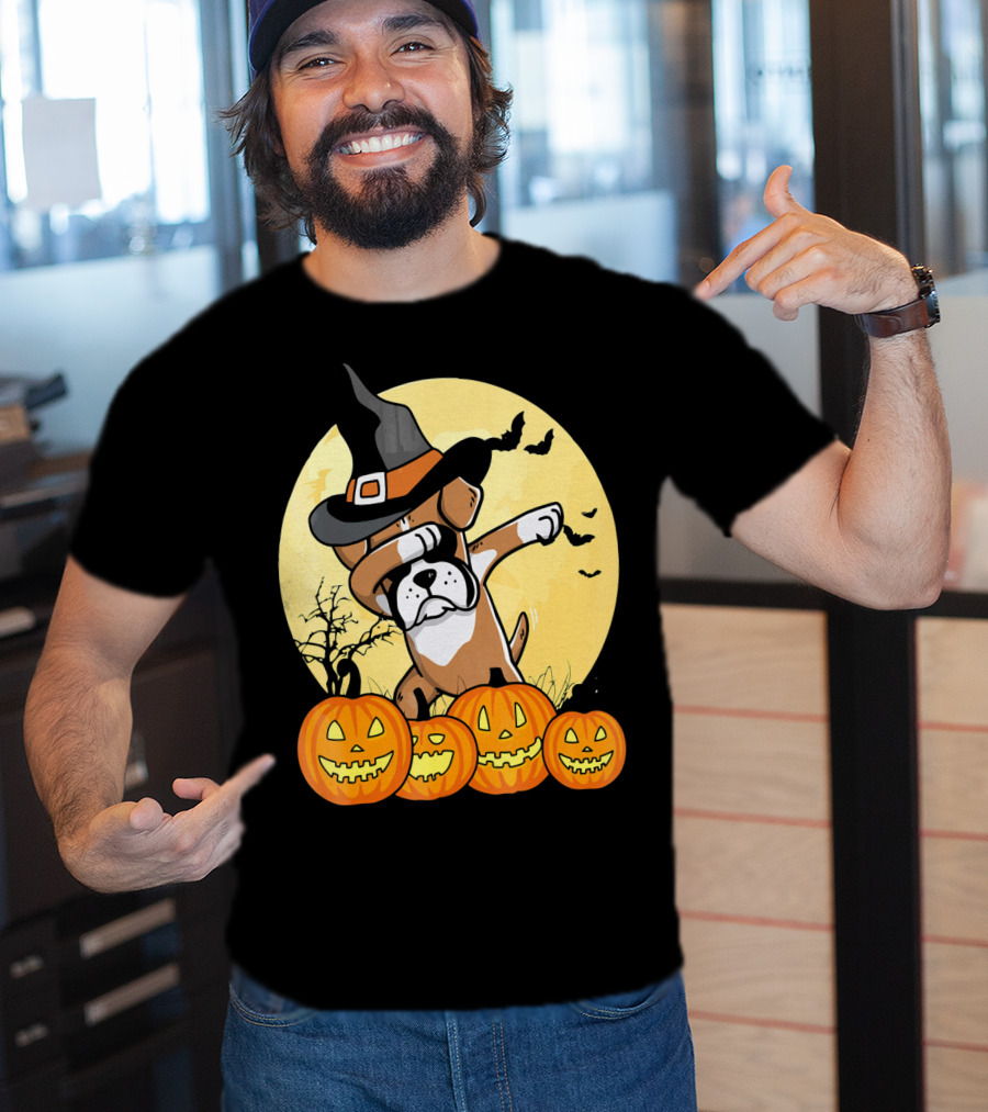 Dabbing Boxer Dog Witch Hat Pumpkin Halloween Dab Dance T-Shirt
