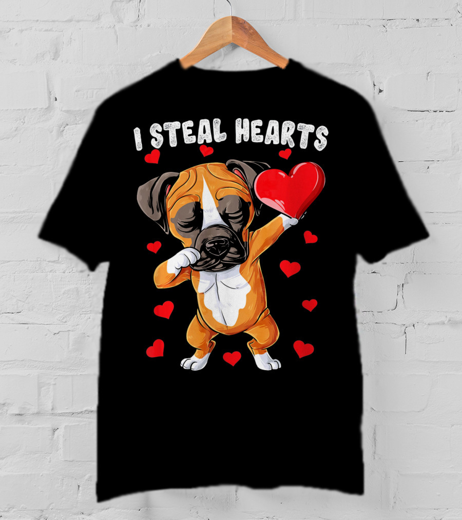 Dabbing Boxer Dog Holding Red Heart I Steal Hearts T-Shirt
