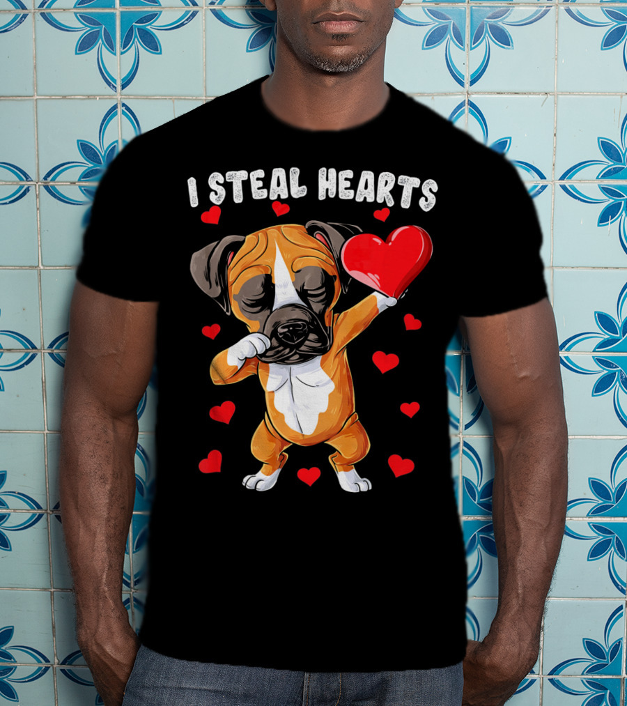 Dabbing Boxer Dog Holding Red Heart I Steal Hearts T-Shirt
